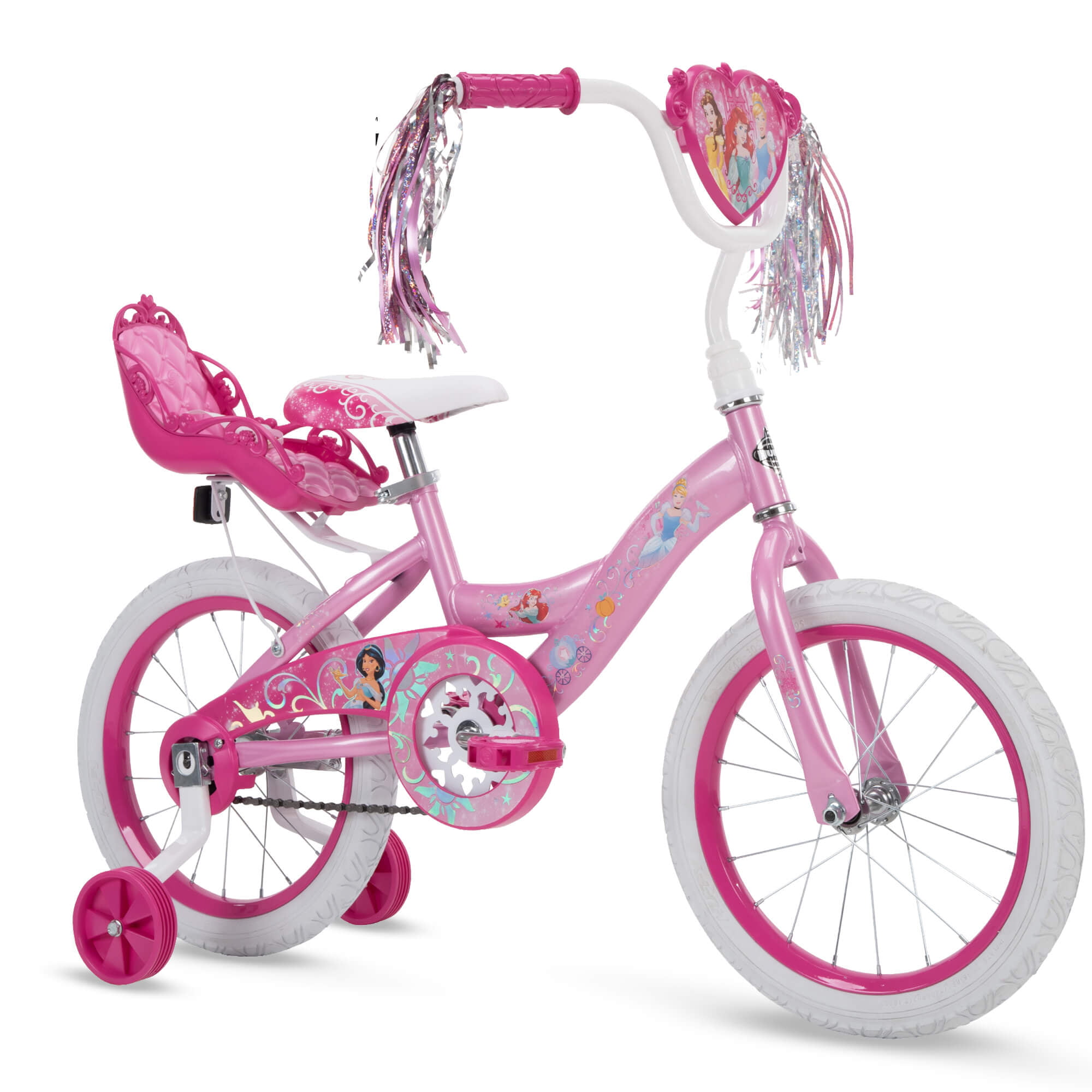pink 16 inch bicycle with a pink doll carriage, training wheels, and Disney princess embellishments